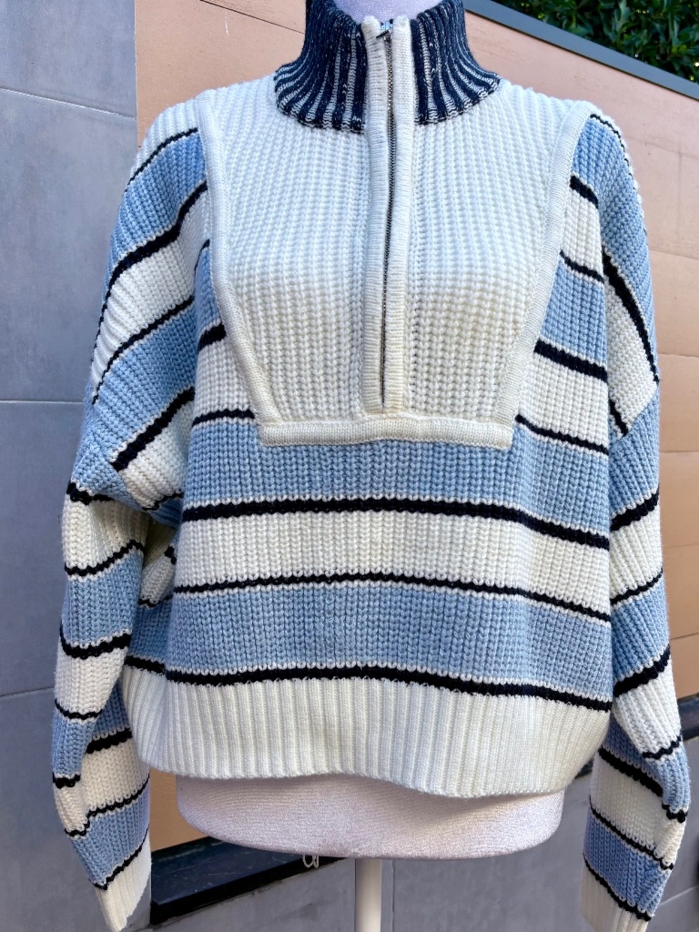 Olivaceous Nectar Light Blue Striped Quarter-Zip Knit Sweater Size M